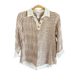 Multiples Womens Size XS Brown Tunic Top Shirt Brown White 1/4 Button Pull OVer